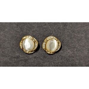 Vintage Roman Gold-Tone Cabochon Faux Pearl and Rhinestone Clip-on Earrings